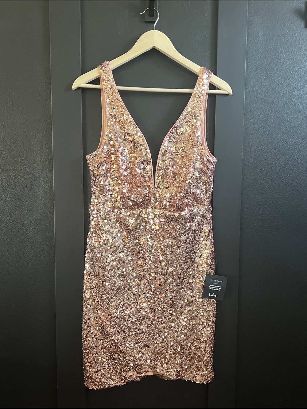 Lulu's Rose Gold Sequin Plunge Mini Dress